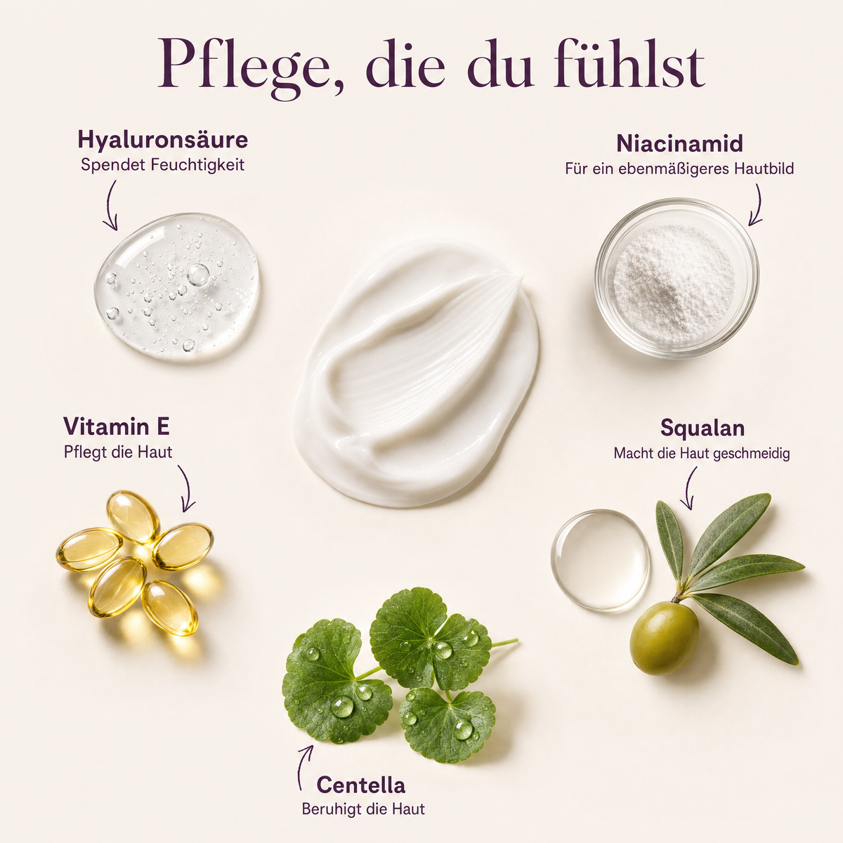 Pflegende Inhaltsstoffe: Hyaluronsäure, Niacinamid, Squalan, Vitamin E, Centella